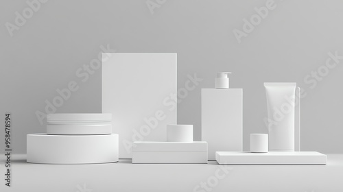 White Product Display with Cylindrical and Rectangular Platforms photo