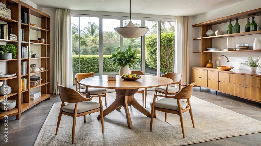 A retro-chic dining room features a circular table, its edge rounded like a slice of pie, complemented by A retro-chic dining room features a circular table, its edge rounded like a slice of pie, complemented by