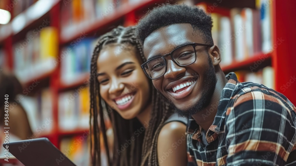 Young man and woman share a joyful moment while studying with a tablet in a colorful library Young man and woman share a joyful moment while studying with a tablet in a colorful library