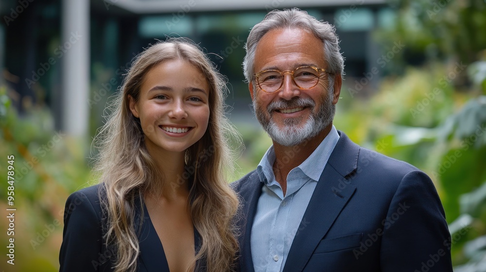 A cheerful young woman stands beside an older man, both smiling in a vibrant garden filled with greenery A cheerful young woman stands beside an older man, both smiling in a vibrant garden filled with greenery