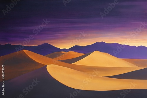 A serene desert landscape at sunset with gentle dunes and a purple sky.