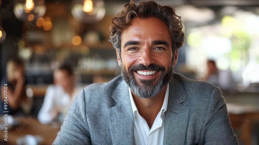 A cheerful businessman sits at a cafe table, engaging warmly with the atmosphere and enjoying his meal A cheerful businessman sits at a cafe table, engaging warmly with the atmosphere and enjoying his meal