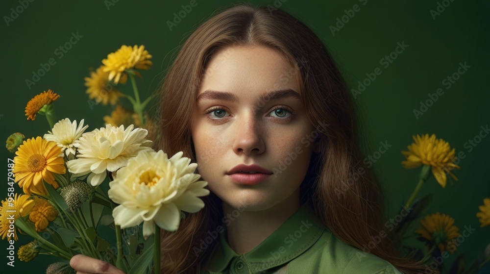 A young woman with flowers on a green background A young woman with flowers on a green background
