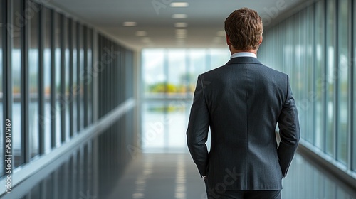 A man in a suit confidently walks down a bright corridor with glass, highlighting a modern workspace