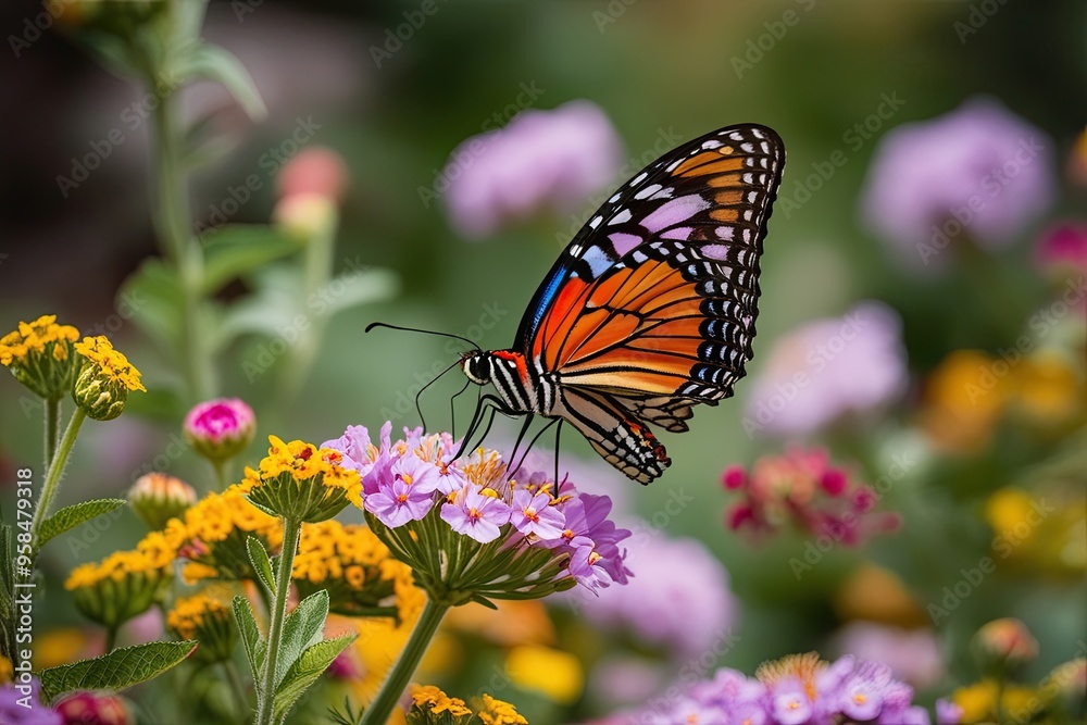 Fototapeta premium Detailed Macro Capture of Colorful Butterfly in Blooming Garden