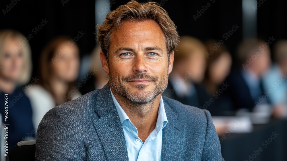 Obraz premium A smiling man with a light beard is seated at a conference, engaged with those around him in lively discussion