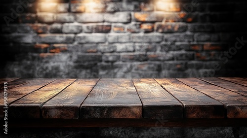 A rustic wooden tabletop against a textured brick wall, perfect for displaying items or as a background for photography.