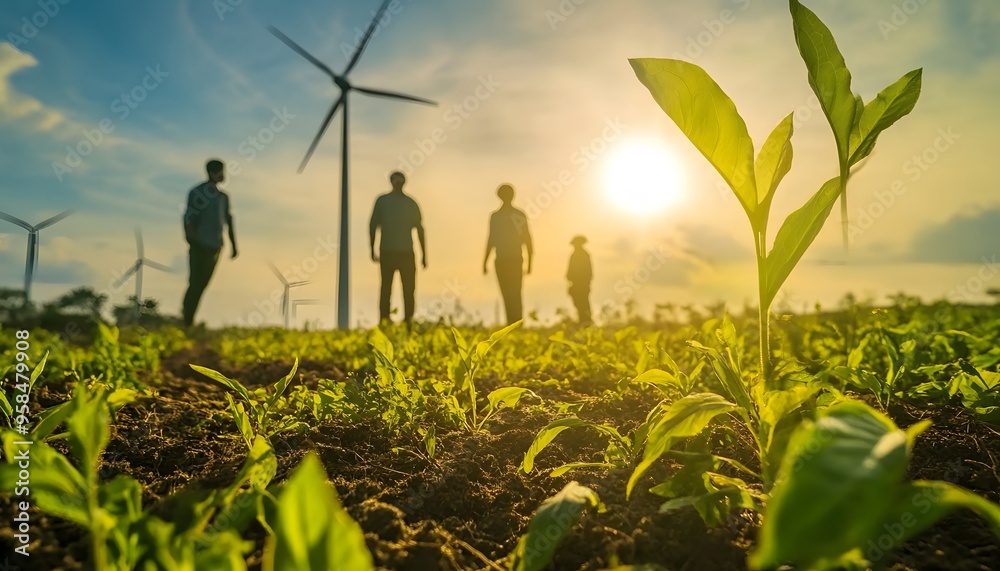 Silhouetted Figures Walking Through a Field of Wind Turbines and Plants Silhouetted Figures Walking Through a Field of Wind Turbines and Plants