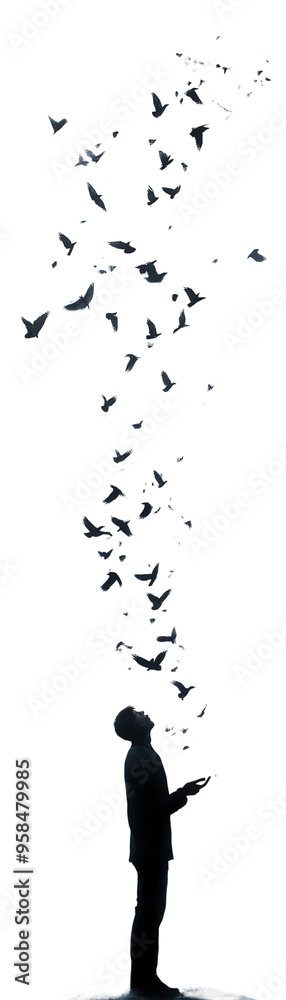 Silhouette of a person using a mobile device with butterflies flying out, symbolizing technology and creativity. Silhouette of a person using a mobile device with butterflies flying out, symbolizing technology and creativity.