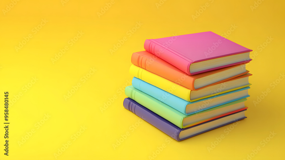 Stylish 3d rendering of various books arranged on a surface with a vibrant yellow backdrop.
