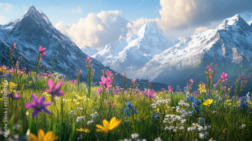 Obraz premium A stunning view of the Alps with snow-capped peaks and vibrant wildflowers in full bloom on a sunny spring day.