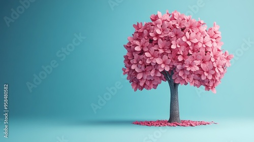 A bright pink flowering tree with petals on the ground adds color to a serene blue backdrop, evoking a springtime feel