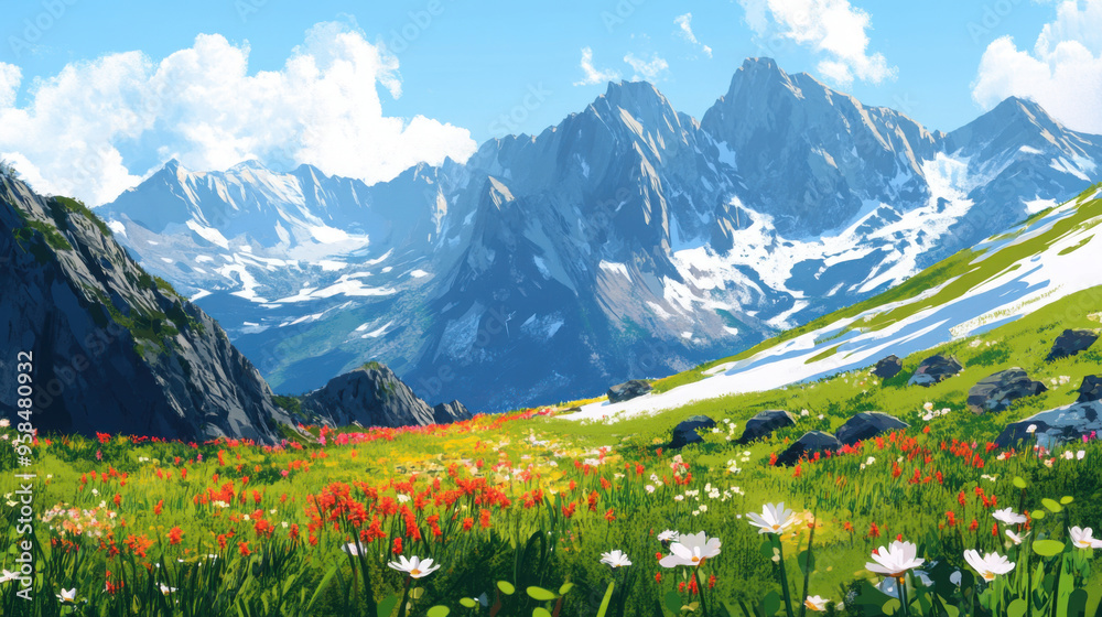 Fototapeta premium Alpine mountains in spring, with blooming flowers in the foreground and patches of melting snow on the peaks.