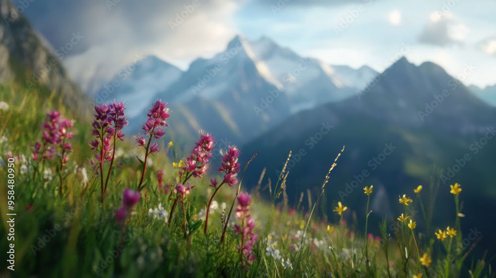 Fototapeta premium A close-up of blooming alpine flowers with a backdrop of towering mountain peaks in the Alps on a crisp spring morning.