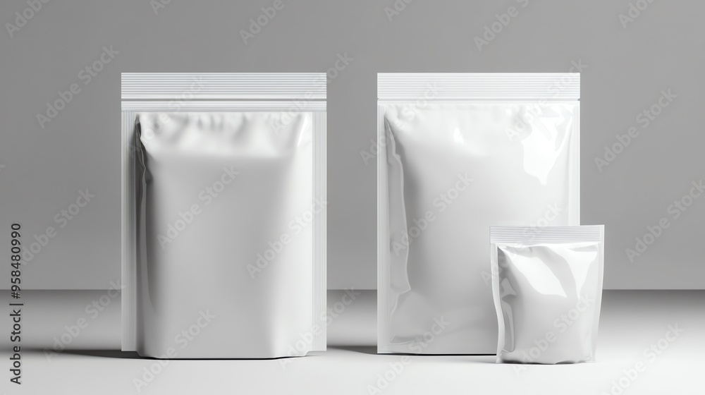 Three Blank White Stand Up Pouches on a White Surface Three Blank White Stand Up Pouches on a White Surface