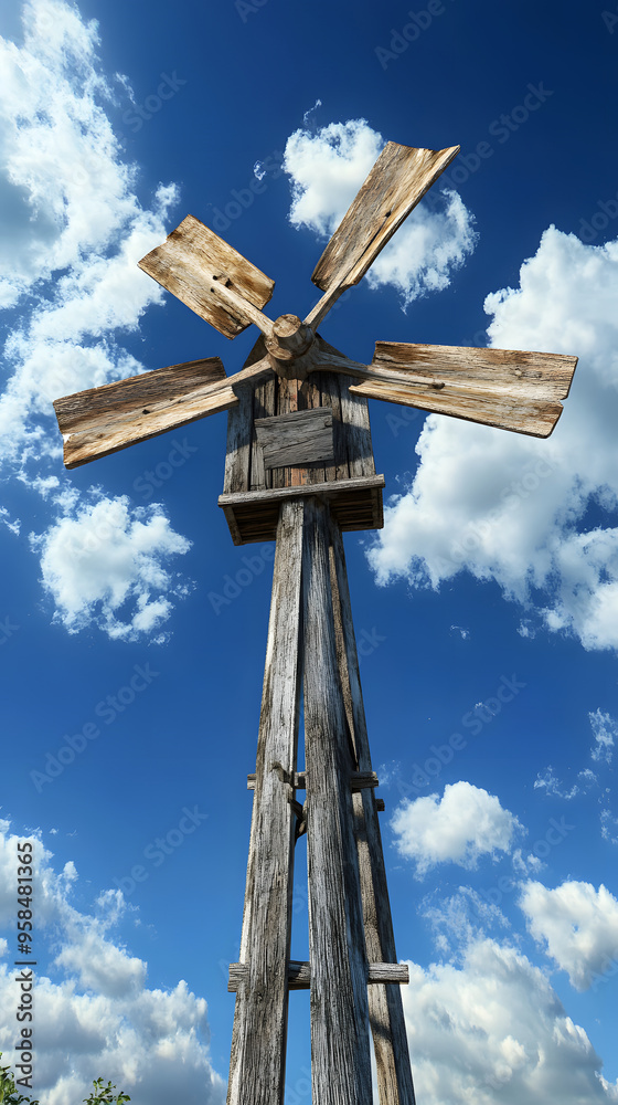 Old rustic windmill tower showing signs of wear beneath a bright sky and scattered clouds. Old rustic windmill tower showing signs of wear beneath a bright sky and scattered clouds.