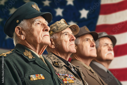 Veterans in uniform standing proudly in front of an American flag, symbolizing patriotism, honor, and dedication to their country. photo