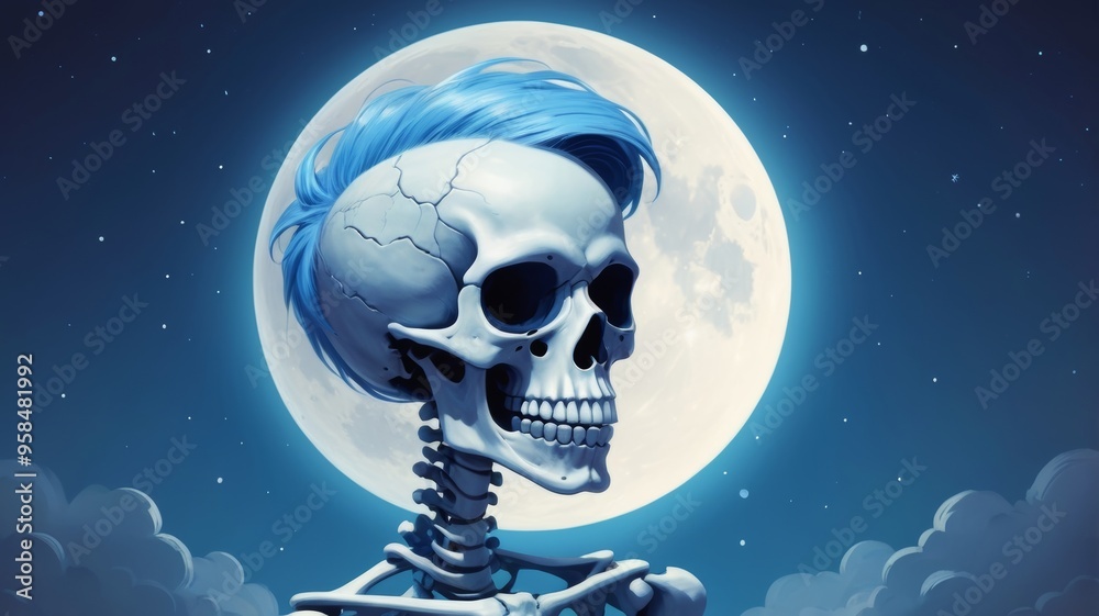 A skeleton with vibrant blue hair stands against a glowing full moon, creating a spooky yet colorful night scene. A skeleton with vibrant blue hair stands against a glowing full moon, creating a spooky yet colorful night scene.