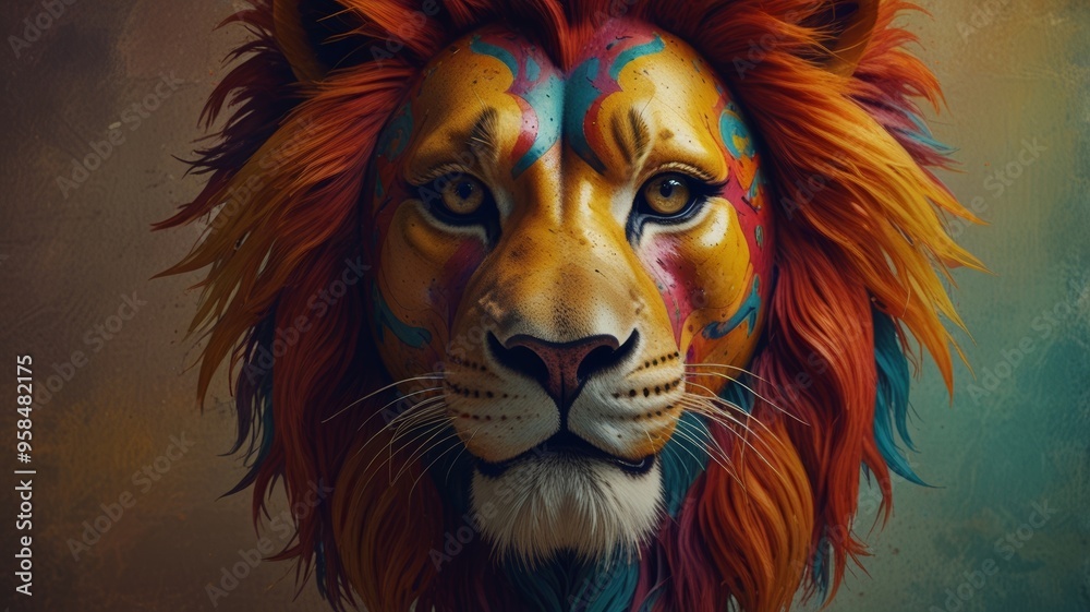 A vibrant lion with a rainbow-colored mane and a bright, colorful face, showcasing a unique and artistic appearance. A vibrant lion with a rainbow-colored mane and a bright, colorful face, showcasing a unique and artistic appearance.