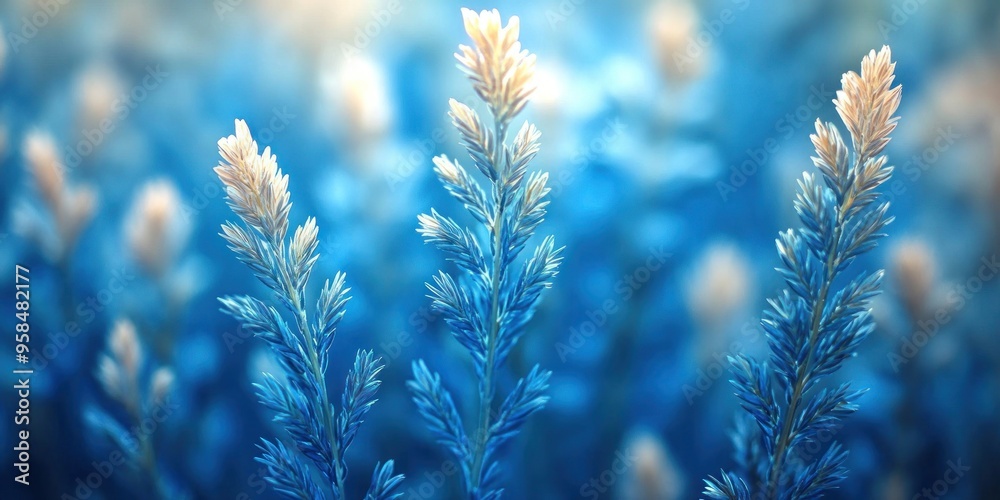 Blue flowers shimmer in the gentle morning light, creating a tranquil atmosphere in a breathtaking natural setting Blue flowers shimmer in the gentle morning light, creating a tranquil atmosphere in a breathtaking natural setting