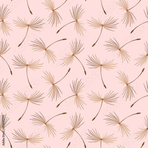 Dandelions seamless vector patterns. Gold dandelions on pink background.