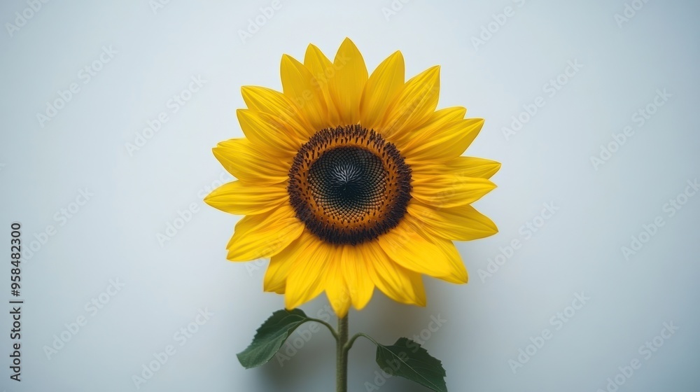 Obraz premium A bright sunflower with yellow petals and a dark center is displayed prominently against a minimalist background