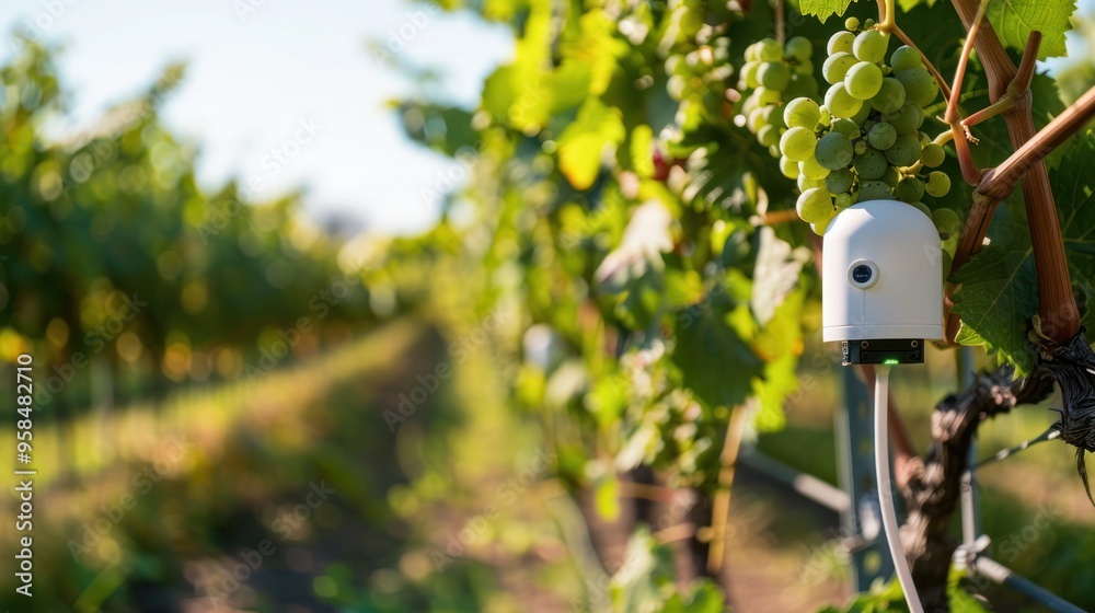 Technology in farming, showing sensors in a vineyard Technology in farming, showing sensors in a vineyard