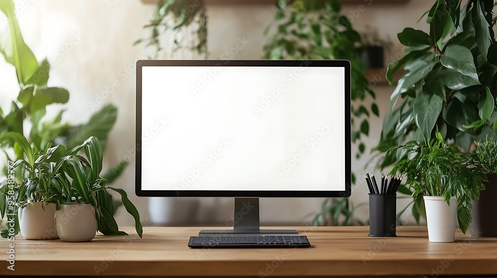 Modern Workplace with Blank Computer Screen and Plants Modern Workplace with Blank Computer Screen and Plants
