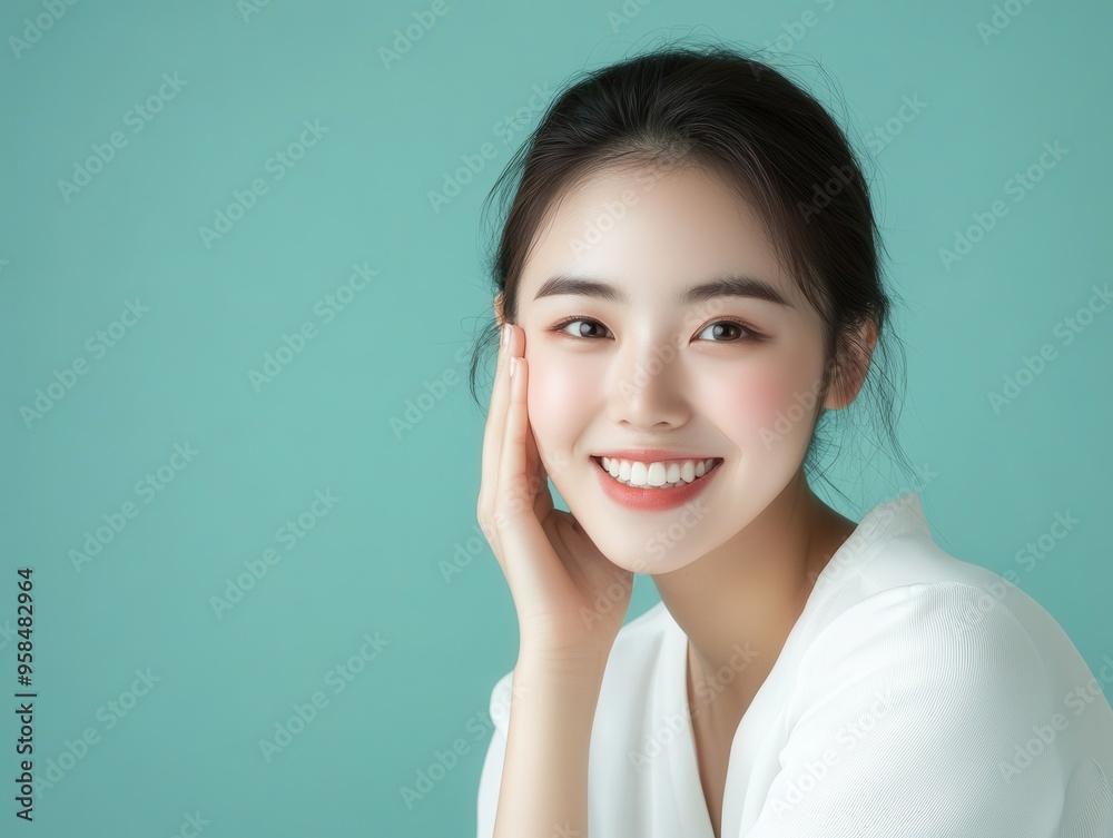 A young woman smiles warmly while touching her face, exuding happiness against a soft turquoise background. A young woman smiles warmly while touching her face, exuding happiness against a soft turquoise background.