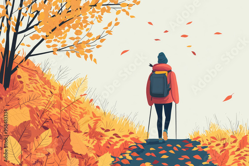 A lone hiker strolls along a path strewn with autumn leaves, the vibrant hues painting a picturesque scene of nature's beauty. photo