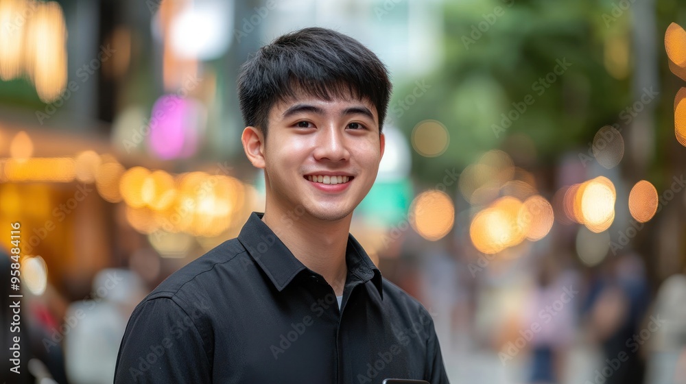 Fototapeta premium A cheerful young man stands in a vibrant urban street, illuminated by soft evening lights, creating a lively scene
