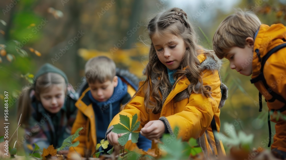 School children in nature, collecting leaves for a biology project School children in nature, collecting leaves for a biology project