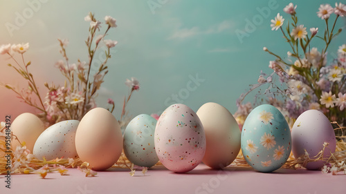 Colorfully decorated Easter eggs arranged on a pastel surface with flowers in a spring-themed setting during daytime