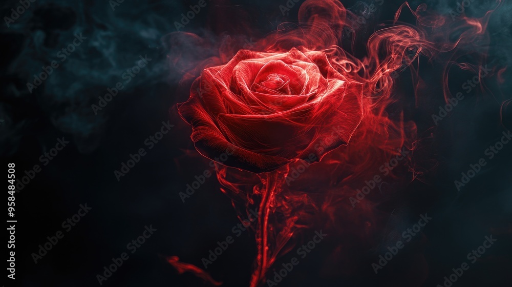 Rose-shaped red smoke on a dark background, providing a striking and mystical visual. Rose-shaped red smoke on a dark background, providing a striking and mystical visual.