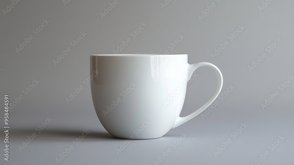 An empty white porcelain drinking cup is displayed from the front against a gray backdrop. The mug is devoid of any design or decoration, exhibiting a minimalist and elegant aesthetic. An empty white porcelain drinking cup is displayed from the front against a gray backdrop. The mug is devoid of any design or decoration, exhibiting a minimalist and elegant aesthetic.