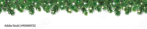 Christmas tree seamless garland on transparent background. Realistic pine-tree branches with glowing sparkling Christmas lights decoration. Vector border for holiday banners, party posters, headers.