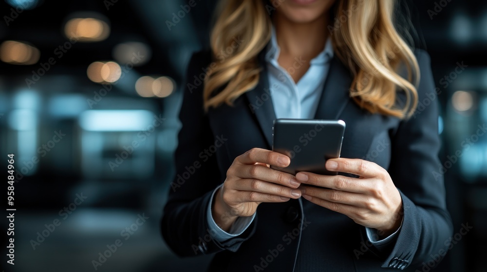 A professional woman engaged with her smartphone in a contemporary office environment A professional woman engaged with her smartphone in a contemporary office environment