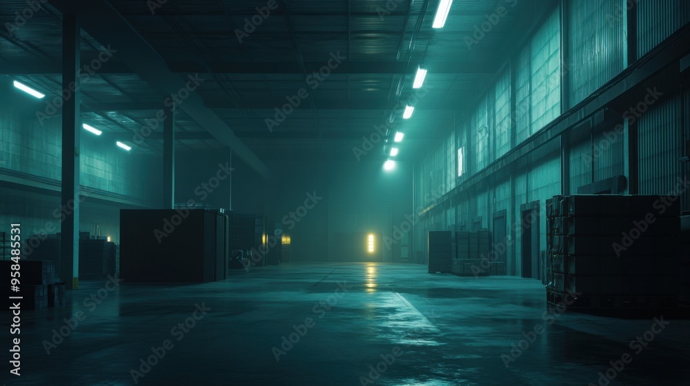 A mysterious, dimly lit warehouse with shadows and cool tones, perfect for background use in various design projects. A mysterious, dimly lit warehouse with shadows and cool tones, perfect for background use in various design projects.
