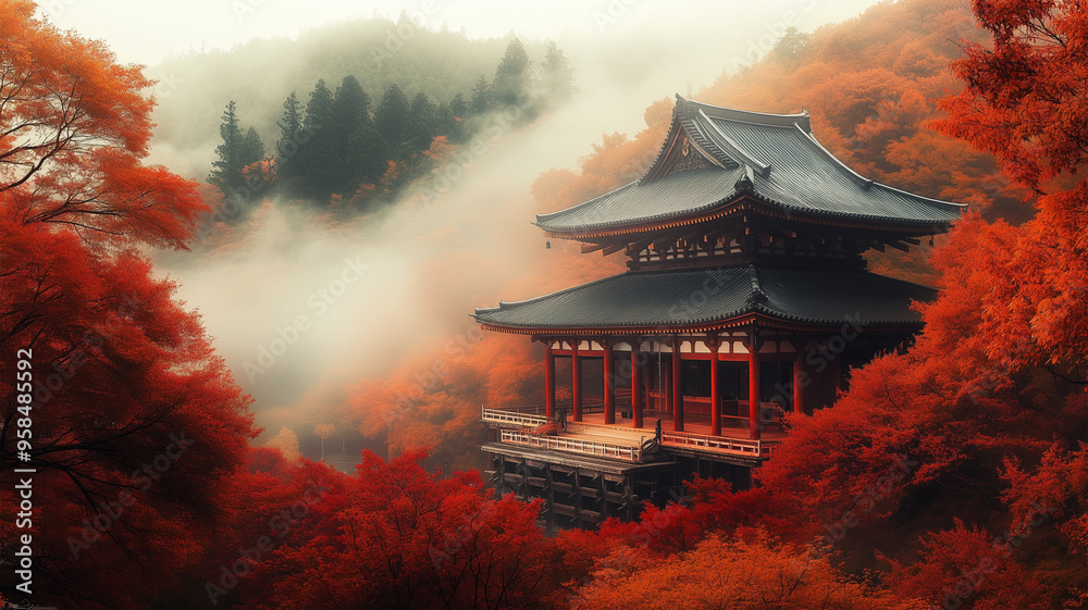 紅葉に包まれた古寺