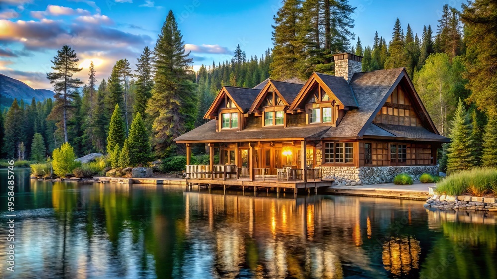 Fototapeta premium As the sun shines brightly, the rustic lakefront lodge undergoes a tranquil renovation, its natural splendor augmented