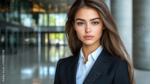 A confident young woman dressed in business attire stands elegantly in a contemporary office setting