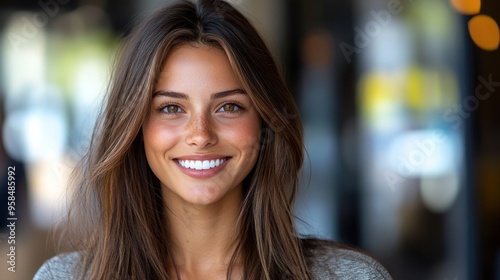 A joyful young woman with long hair smiles warmly, enjoying her time outside a busy café on a bright day Free Download A joyful young woman with long hair smiles warmly, enjoying her time outside a busy café on a bright day - GFXLoad