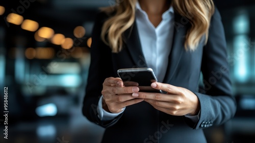 A professional woman checks her messages on a smartphone while dressed in business attire