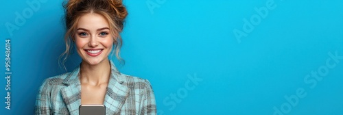 A cheerful woman poses with a smartphone, expressing joy against a bright blue backdrop