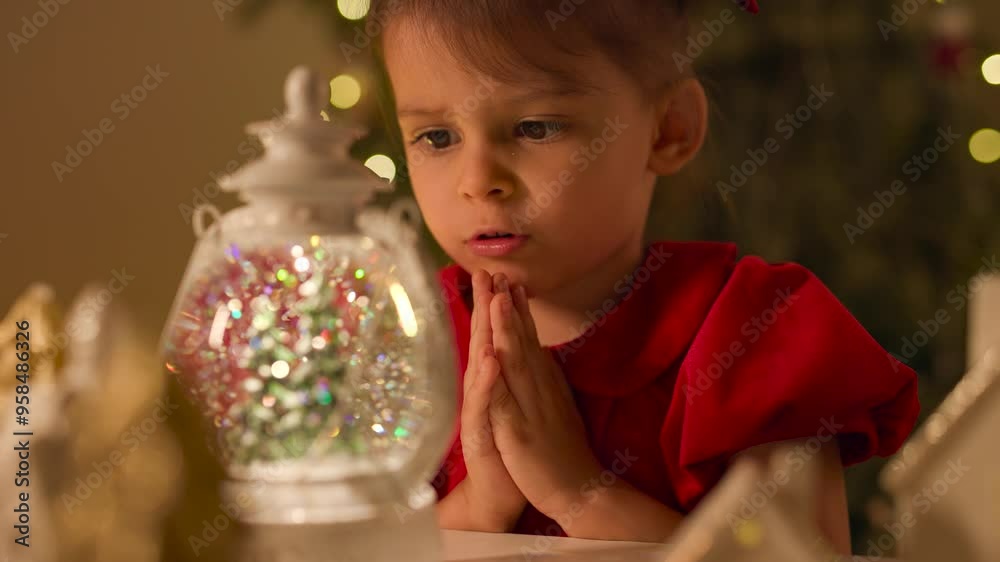 New Year's toys, decorations and garlands. Girl plays near the Christmas tree. Beautiful bokeh and light reflections. New Year's toys, decorations and garlands. Girl plays near the Christmas tree. Beautiful bokeh and light reflections.