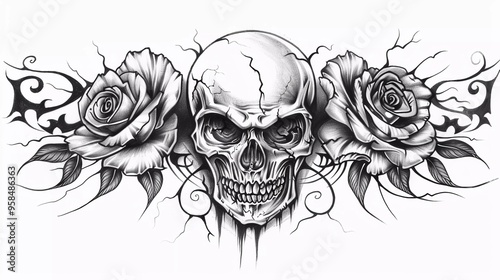 black and white illustration of skull combine with rose tribal tattoo design