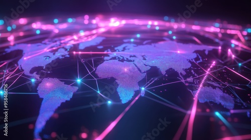 Colorful digital world map with vibrant connections representing global communication and technology advancements.