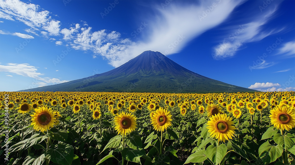 Fototapeta premium 花咲くひまわり畑と火山の遠景