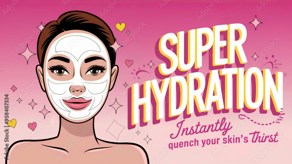 Woman with hydration mask. Pop art style. Skincare and beauty concept. Ideal for spa and cosmetics. Advertisement, flyer, poster with copy space. Woman with hydration mask. Pop art style. Skincare and beauty concept. Ideal for spa and cosmetics. Advertisement, flyer, poster with copy space.