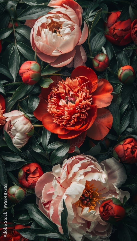 Red and Pink Peonies with Lush Green Leaves